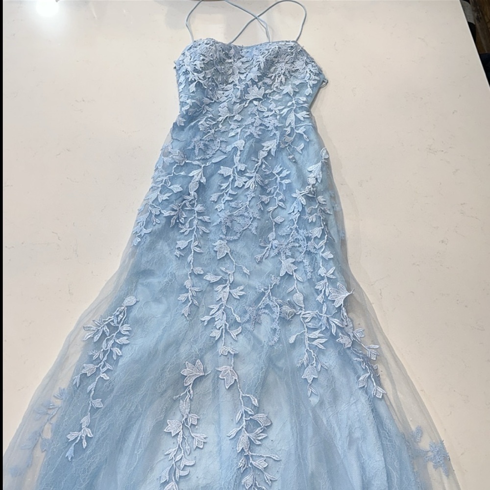Trumpet/Mermaid Scoop Neck Lace Tulle Sweep Train Appliques Prom Dress Size 0 - Picture 11 of 14